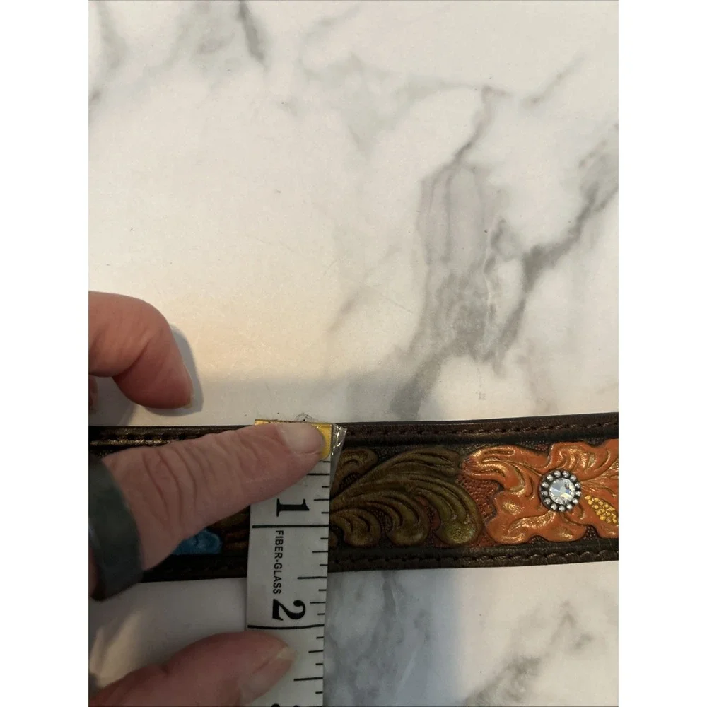 Nocona Womens Floral Tooled Leather Belt Rhinestone Hibiscus Western Brown Large